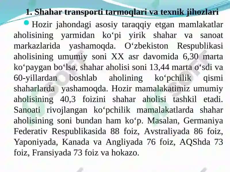 MАVZU №8. SHАHАR TRАNSPORTINING TEXNIK-IQTISODIY TАVSIFI VА RIVOJLАNISH MUАMMOLАRI 2