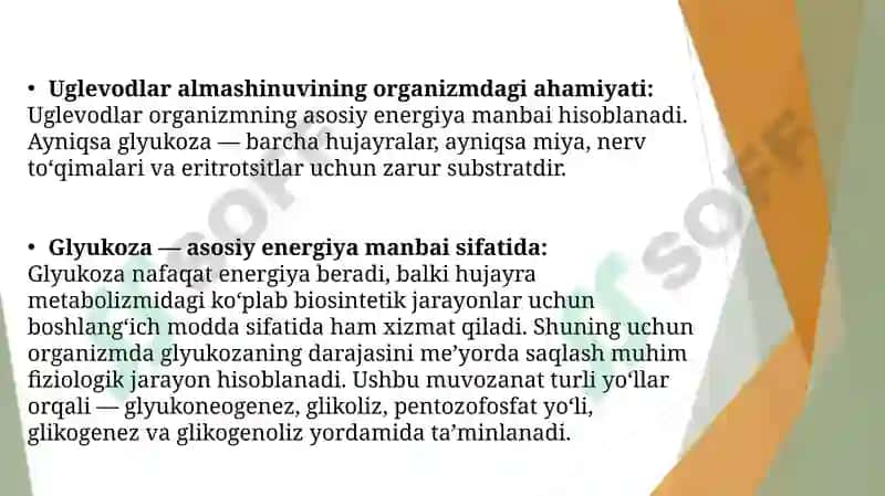 Glyukoneogenez. Pentozofosfat yo‘lining ahamiyati. Fruktoza va galaktoza almashinuvi. Glyukoza gomeostazi, boshqarilishi 2