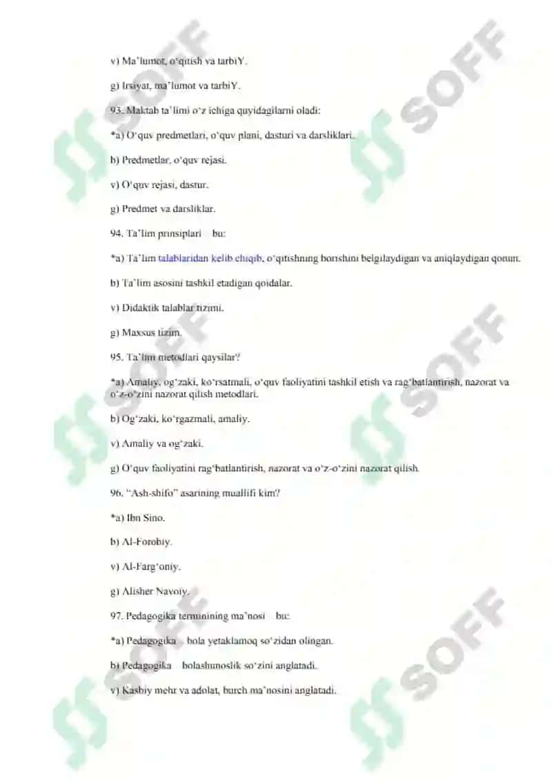 Pedagogika fanidan test savollar 2025 2