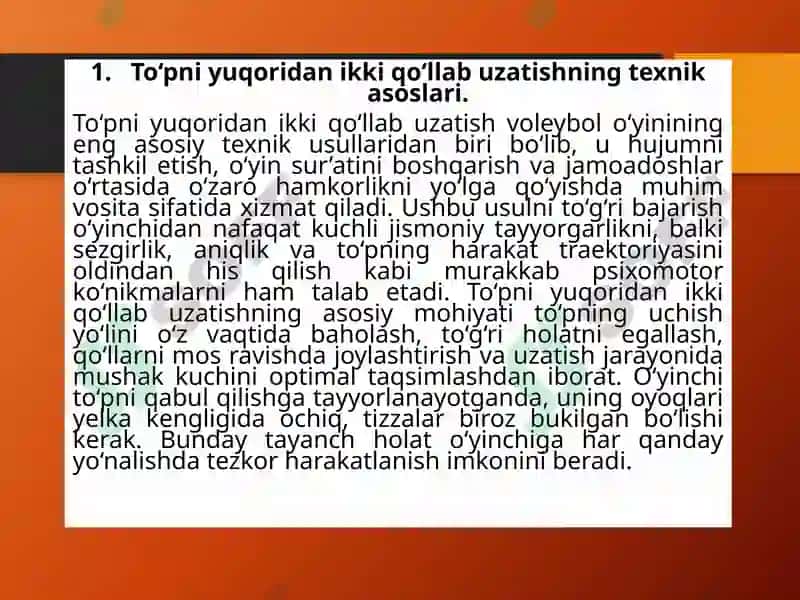To'pni pastdan va yuqoridan o'yinga kiritish texnikasini takomillashtirishjismoniy 2