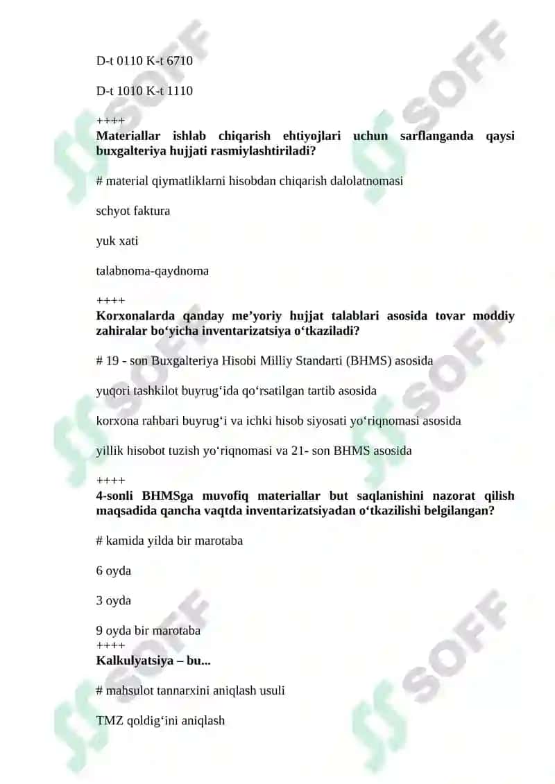Buxalteriya fanidan yakuniy bosqichiga tushadigan savollar. 2