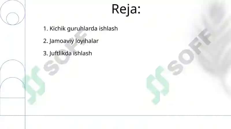 Juftlik,kichik guruhlar,jamoada o'quv loyihalarini tayyorlash 2