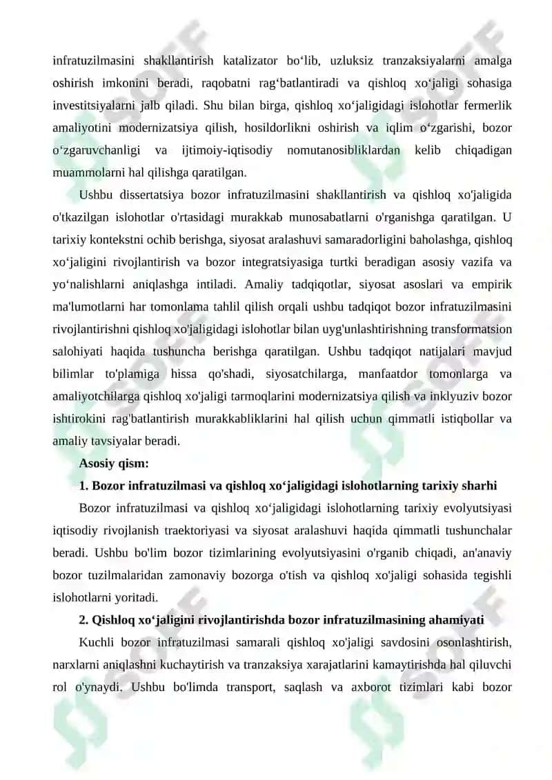 TEZIS MAVZUSI: BOZOR INFRATUZILMASINING SHAKLLANISHI, QISHLOQ XO'JALIGIDAGI ISLOHOTLAR, UNING VAZIFALARI VA YO'NALISHLARI 2