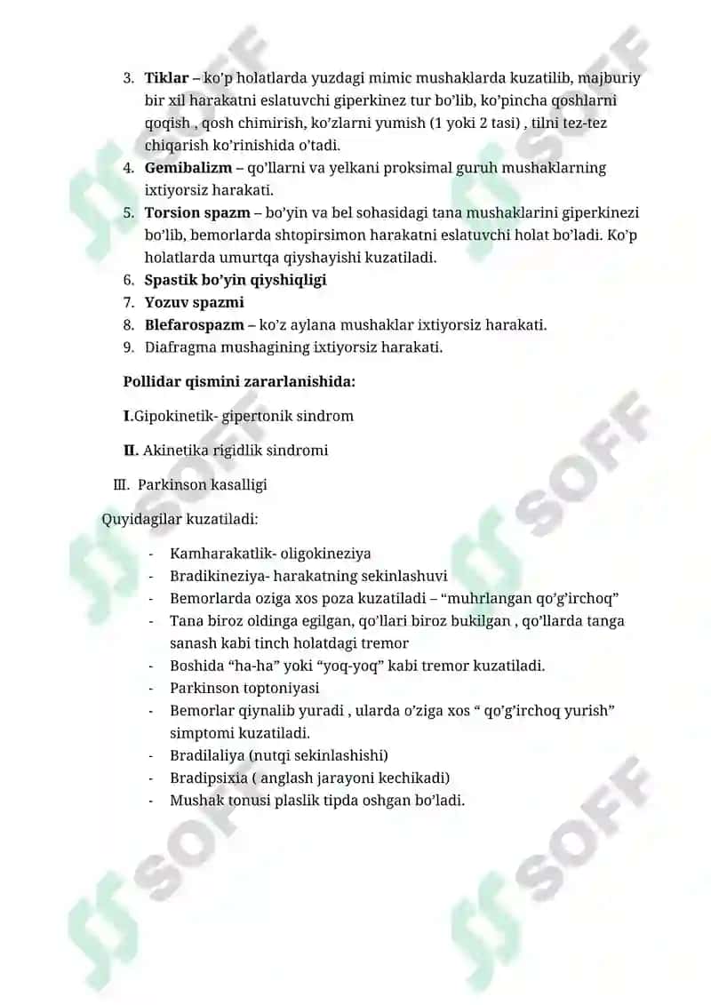 EKSTRAPIRAMIDA SISTEMASI. TEKSHIRISH USULLARI, PATOLOGIYASI 2