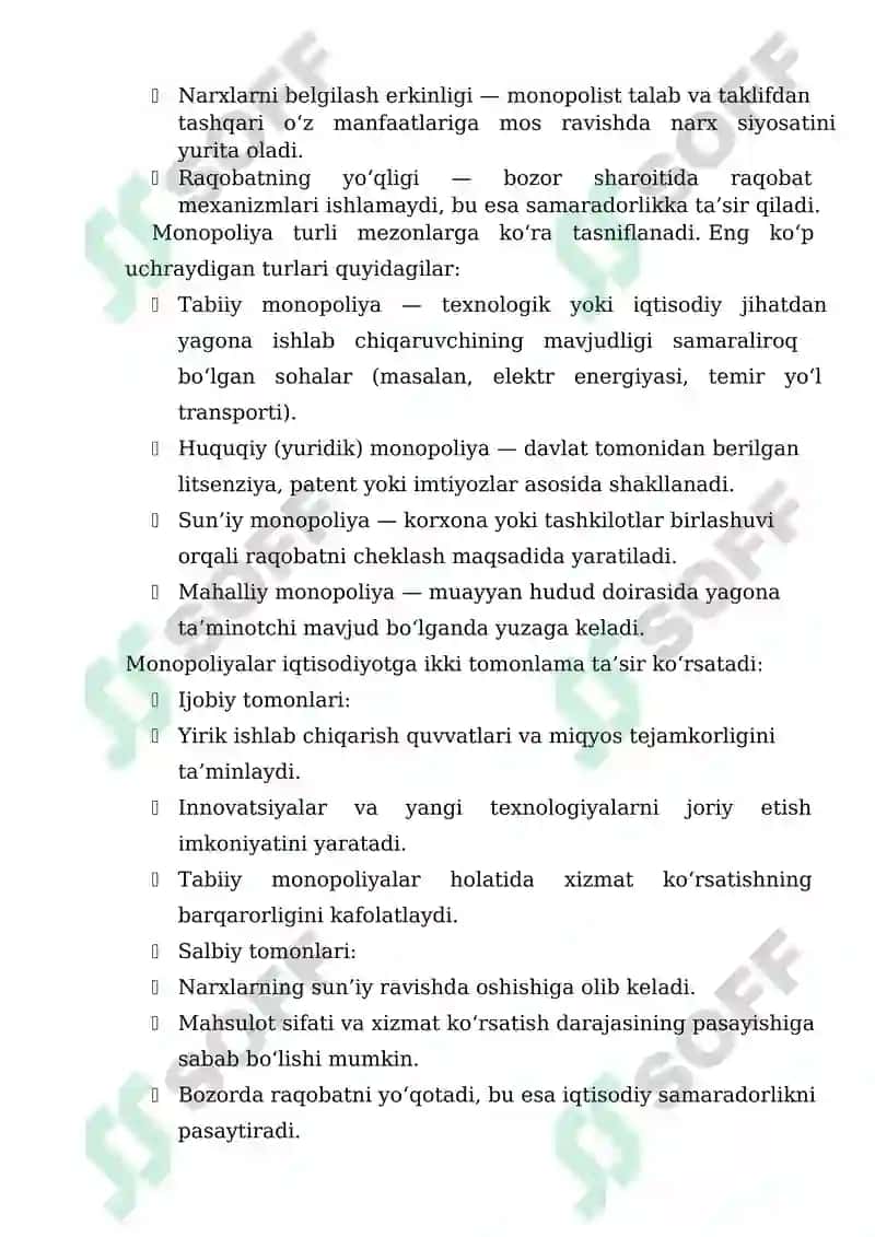 Monopoliyalar, ularning amal qilishi va tartibga solinishi xususiyatlari 2
