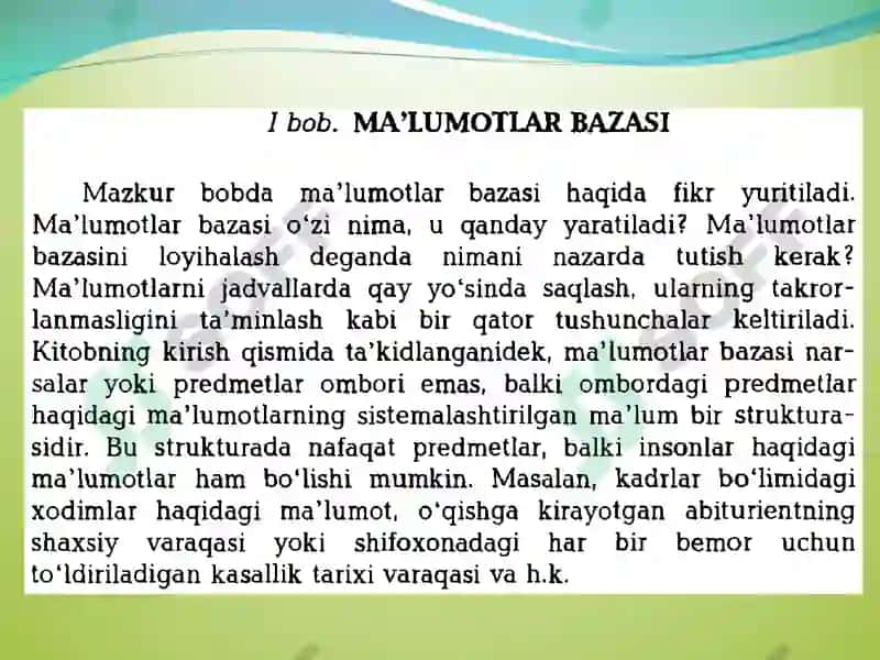 Ma’lumotlar bazasining maqsadi, vazifalari va asosiy tushunchalari 2