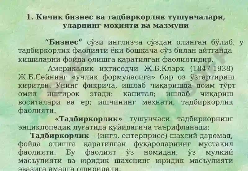Кичик бизнес ва тадбиркорликнинг моҳияти, турлари ва шакллари 2