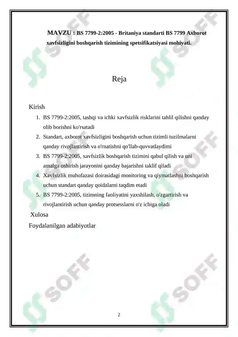 BS 7799-2:2005 - Britaniya standarti BS 7799 Axborot xavfsizligini boshqarish tizimining spetsifikatsiyasi mohiyati 2