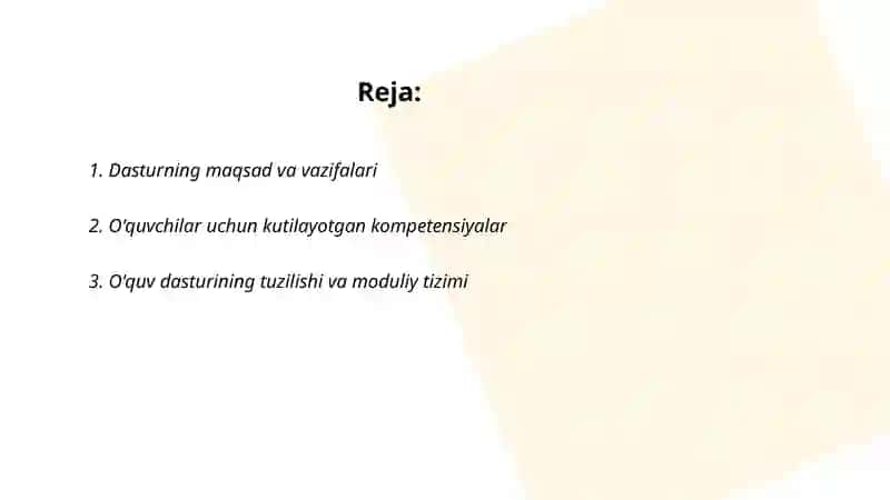 Texnalogiya fani dasturi bilan tanishtirish Xayitmurodova Komola 2