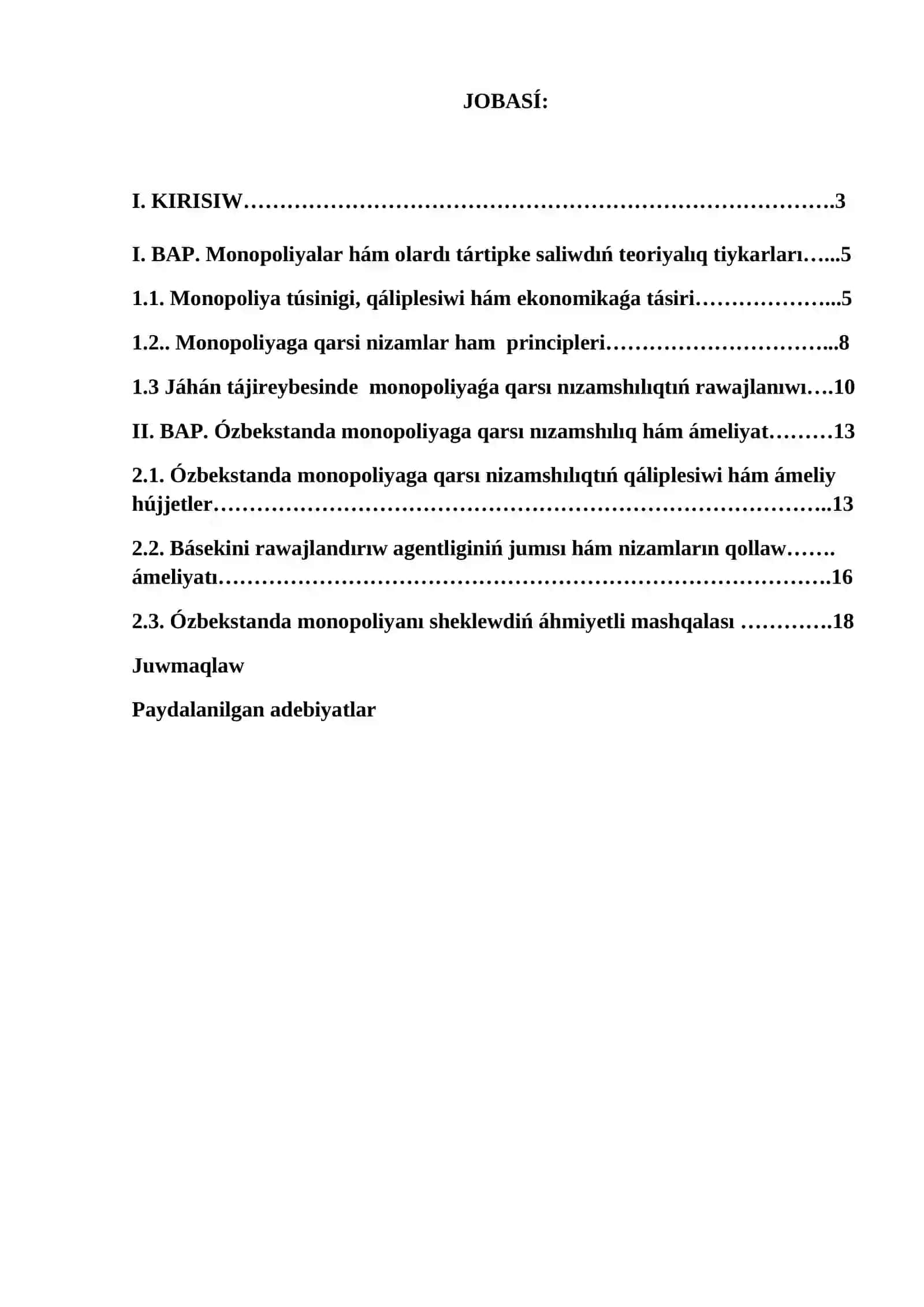 Monopoliyaga qarsi nizamshiliq ham oni Ozbekistanda qollaniwdin strategiyasinin mazmuni ham ahimiyeti 2