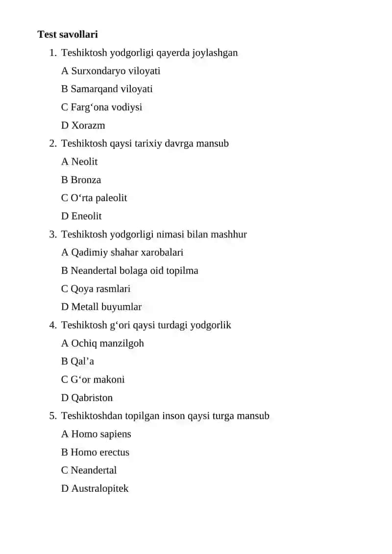 Teshiktosh yodgorligi Mavzu yuzasidan test savollari 2