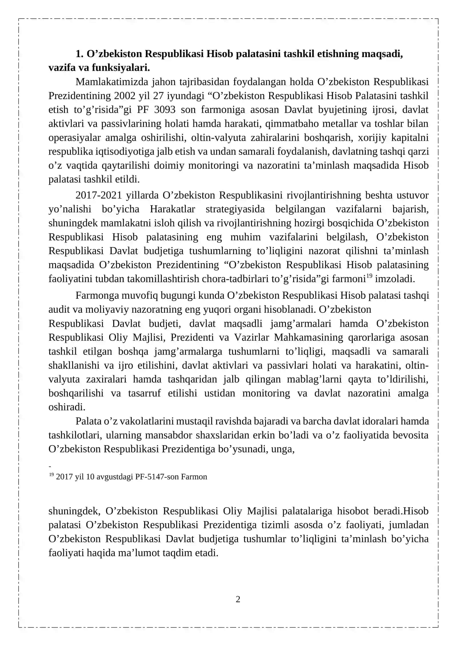 O’zbekiston Respublikasi Hisob palatasi va uning moliyaviy nazoratni tashkil etishdagi o’rni 2
