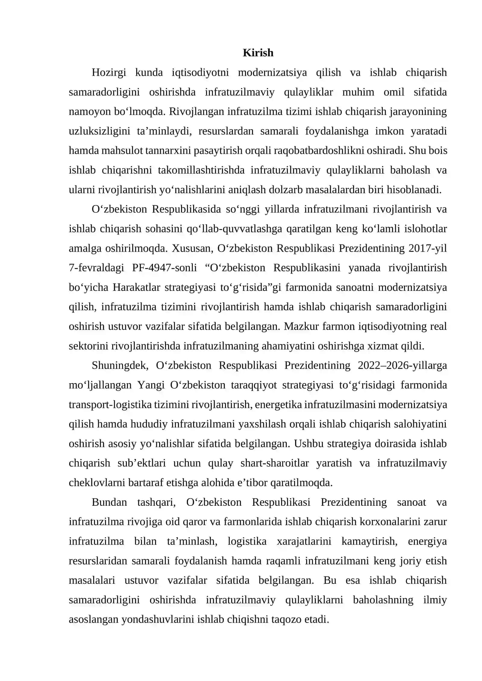 Ishlab chiqarishni takomillashtirishda infratuzilmaviy qulayliklarni baholash yo‘nalishlarini ishlab chiqish 2