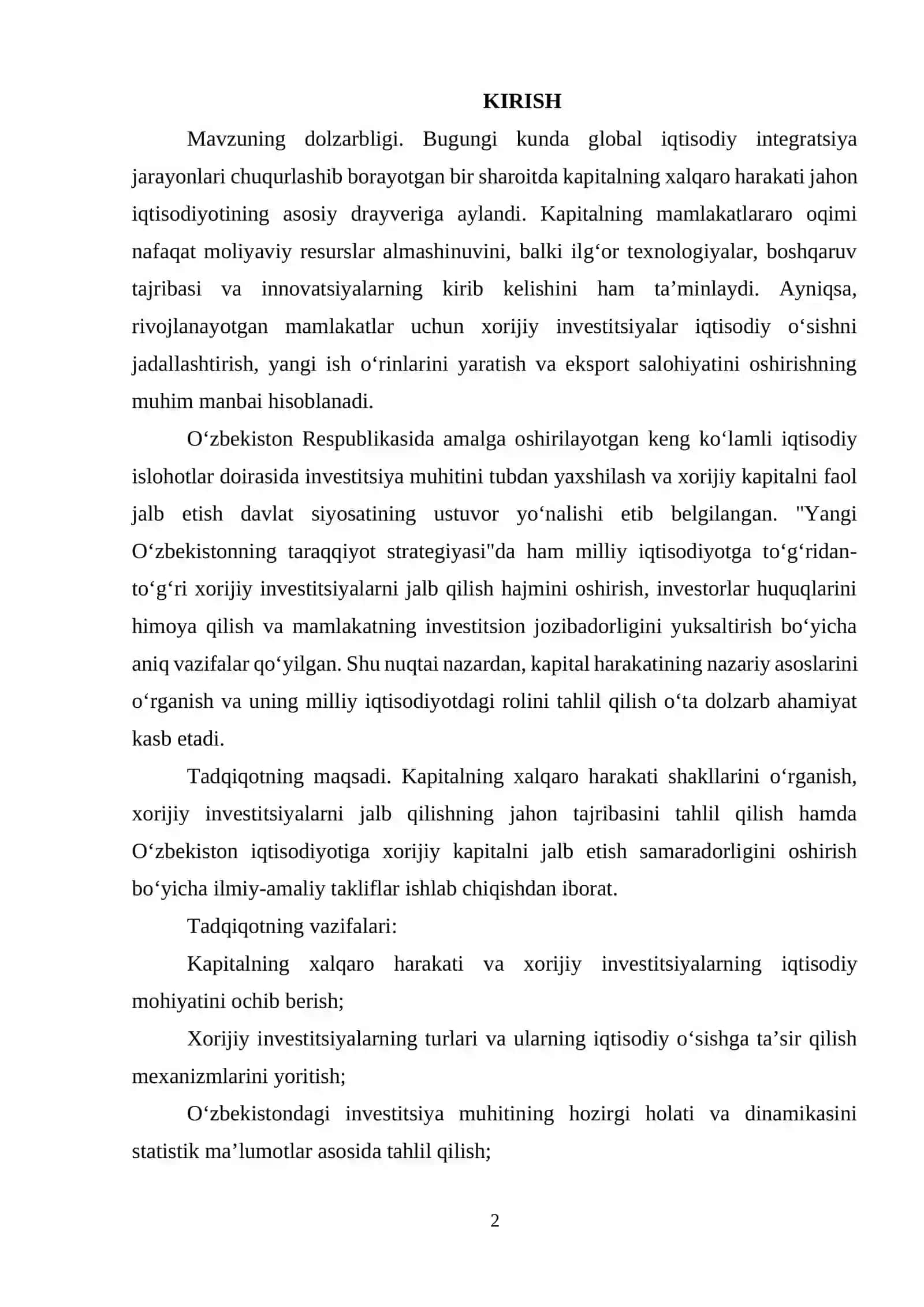 KAPITALNING XALQARO HARAKATI. XORIJIY INVESTITSIYALAR VA ULARNING O’ZBEKISTON IQTISODIYOTIDAGI ROLI 2