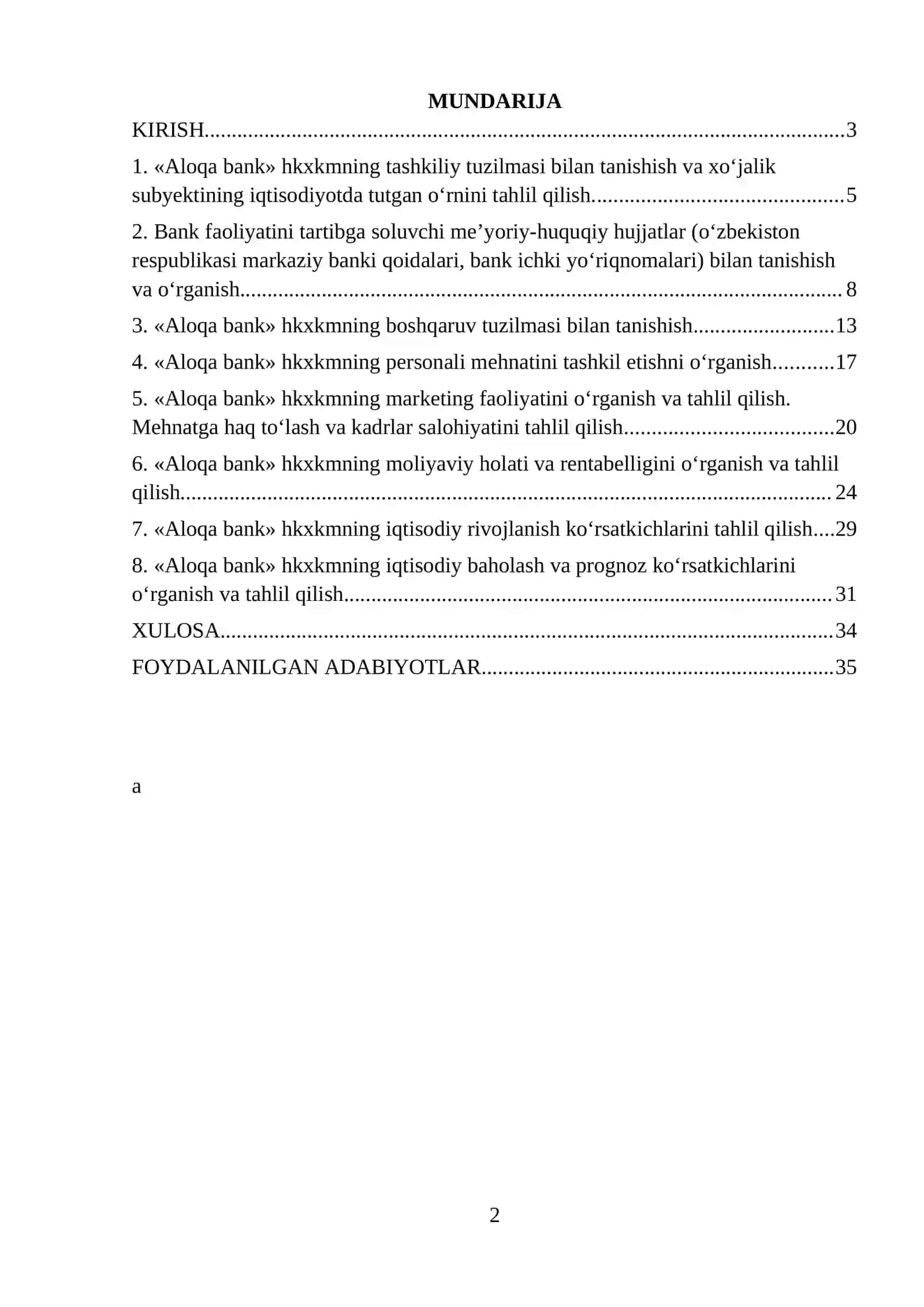 Aloqa bank(Jismoniy shaxslarni kreditlash boʻlimi) Amaliyot hisoboti. 2