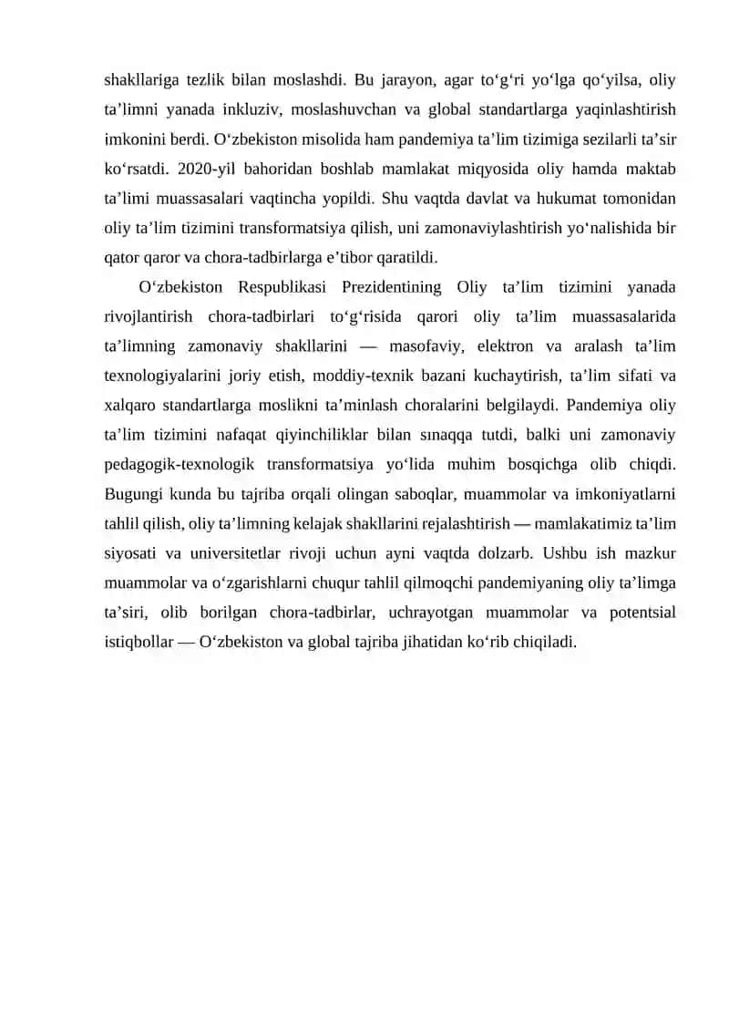 Pandemiyaning oliy ta’lim tizimiga ta’siri tahlili 2