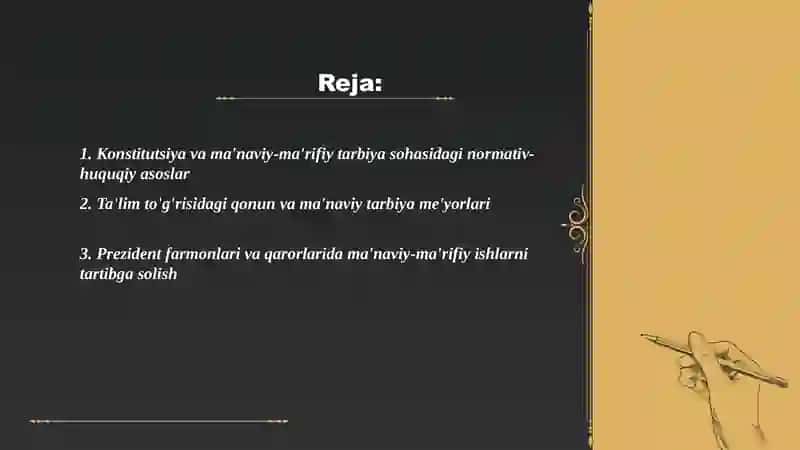 Manaviy marifiy tarbiyaviy ishlarni tartibga soluvchi meyoriy huquqiy hujjatlar 2