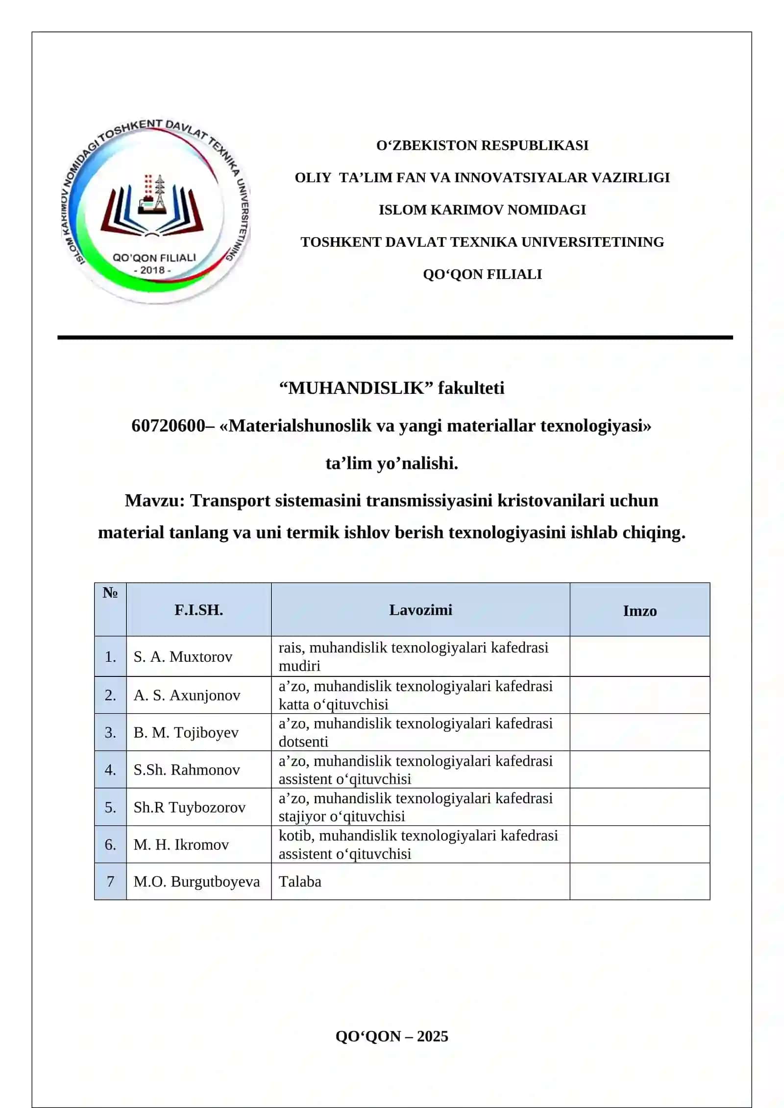 Transport sistemasini transmissiyasini kristovanilari uchun material tanlash va uni termik ishlov berish texnologiyasi kurs ishi 2