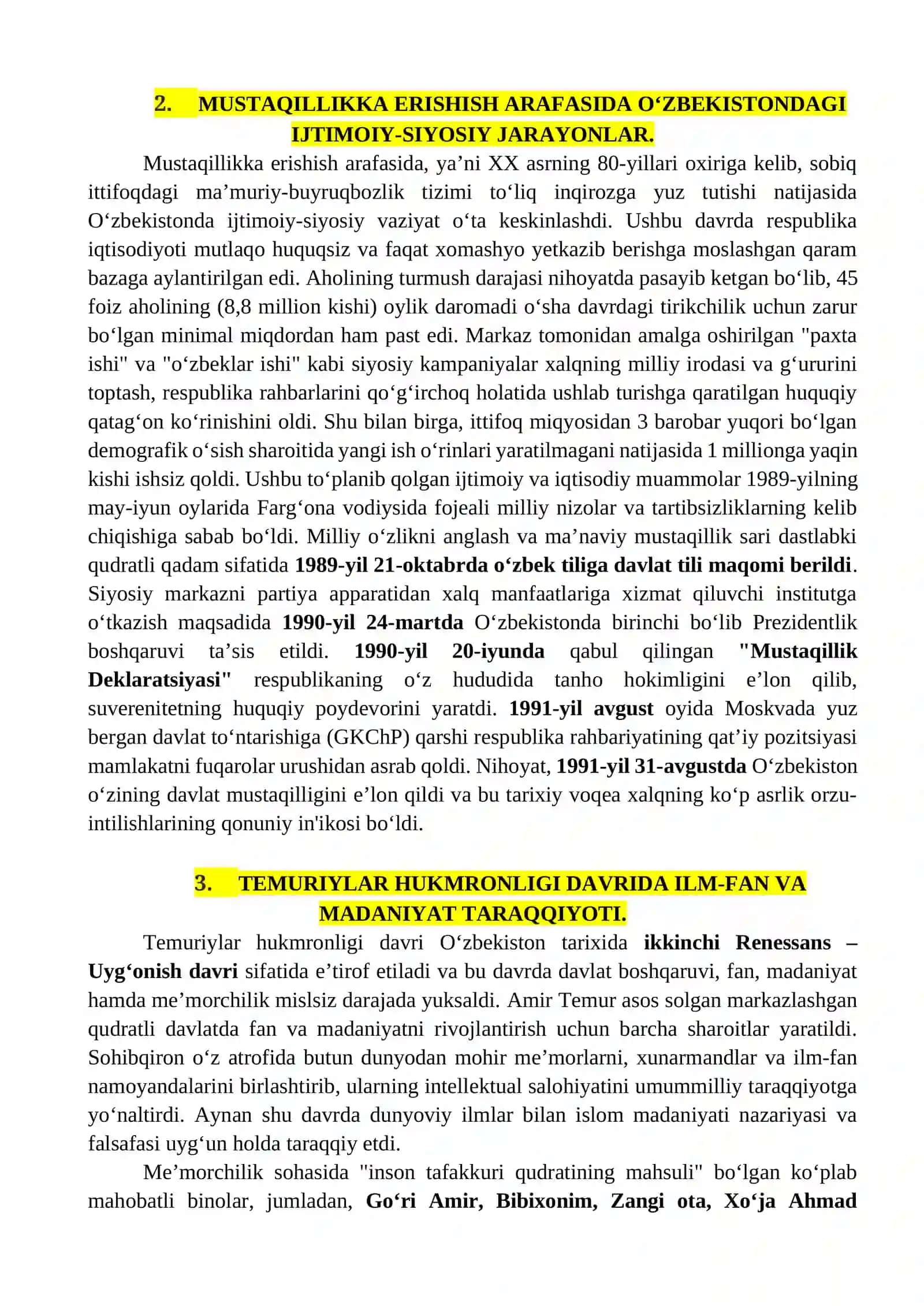 O'zbekistonning eng yangi tarixi fanidan oraliq nazorati javoblari 2