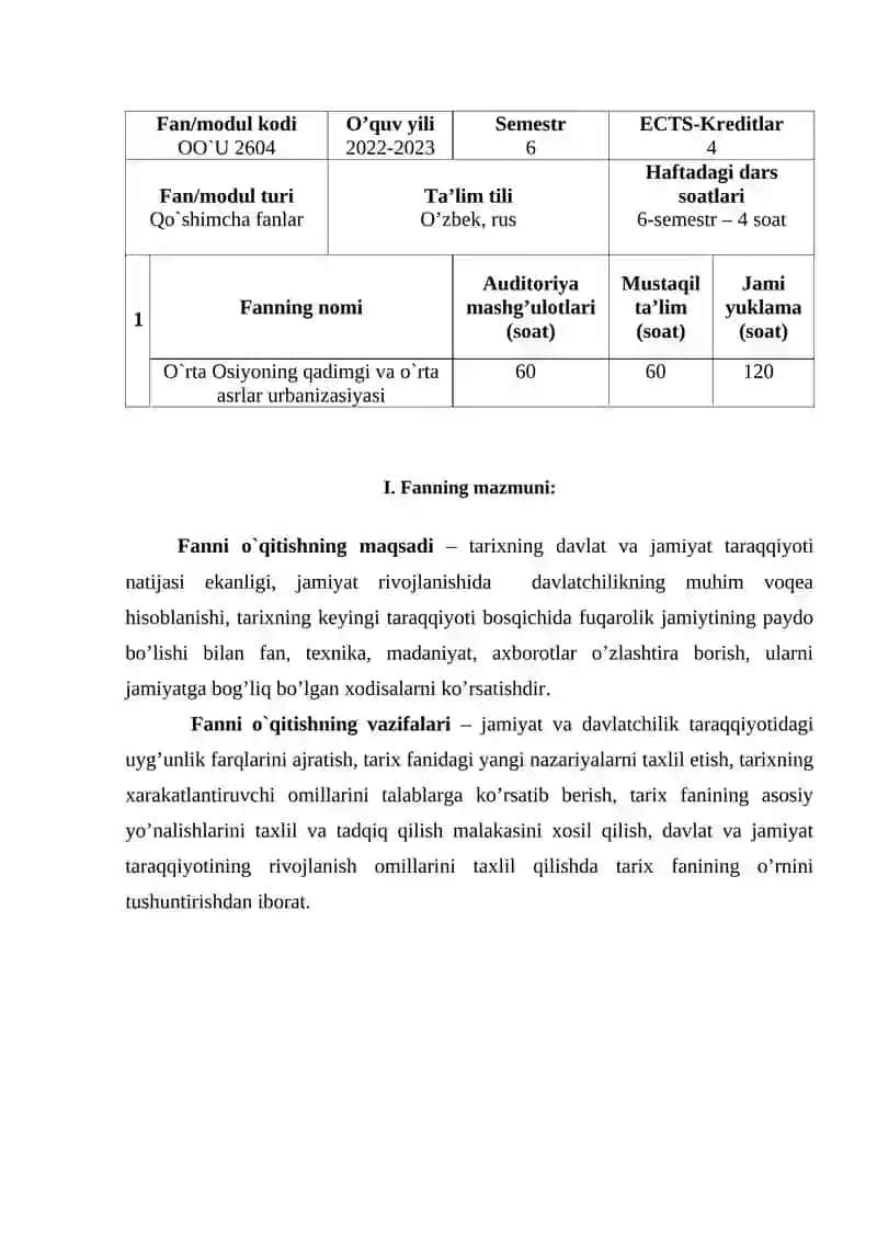 O`RTA OSIYONING QADIMGI VA O`RTA ASRLAR URBANIZASIYASI fanidan SEMINAR MASHG'ULOTLAR ISHLANMASI 2