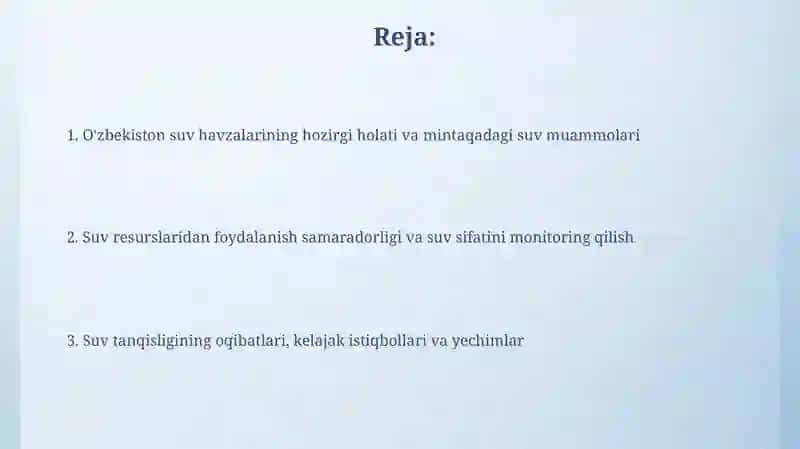 O'zbekistonsuv havzalariningxozirgiholati.Mintaqadasuvmuammolarivamasalari 2
