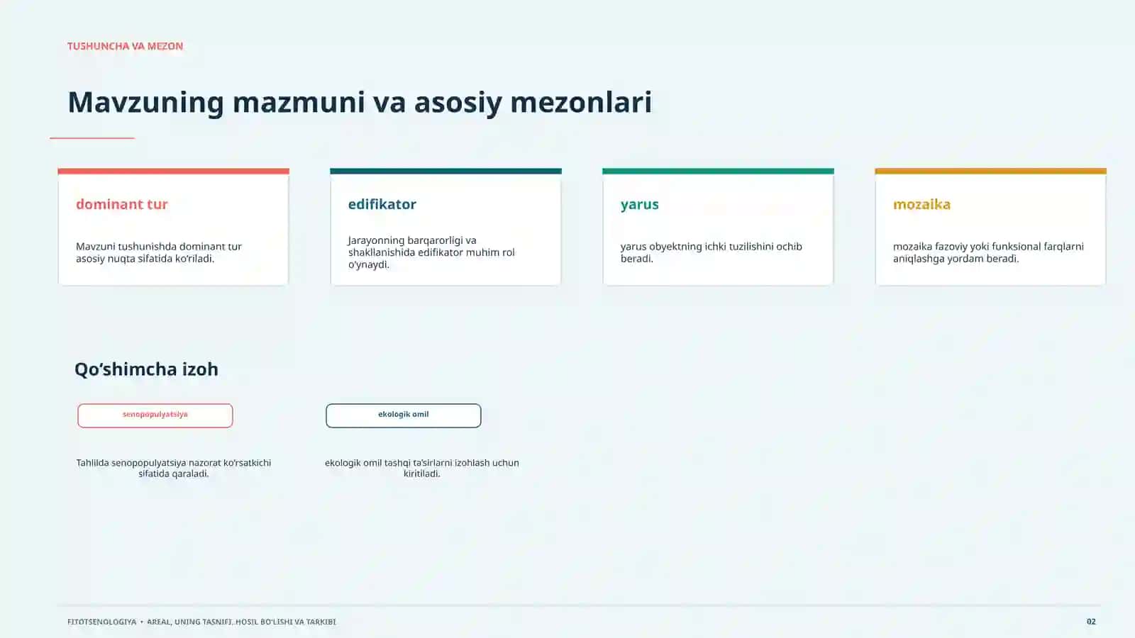 FITOTSENOLOGIYA Areal, uning tasnifi, hosil bo‘lishi va tarkibi. Uzbek text discussing the classification of plant communities, their composition, and formation 2