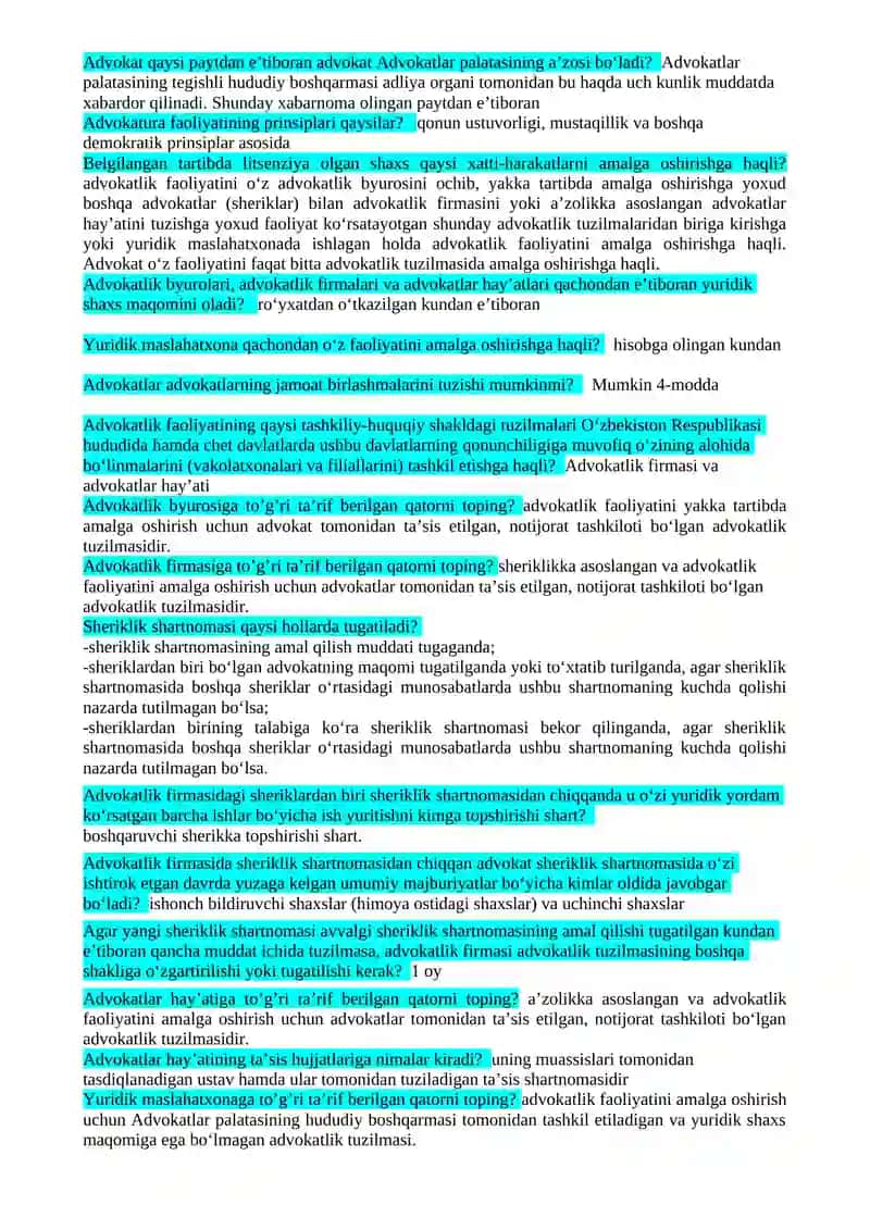 3-kurslarga Advokatura fanidan yakuniy nazorat (TEST) uchun taxminiy savollar ro’yxati 2