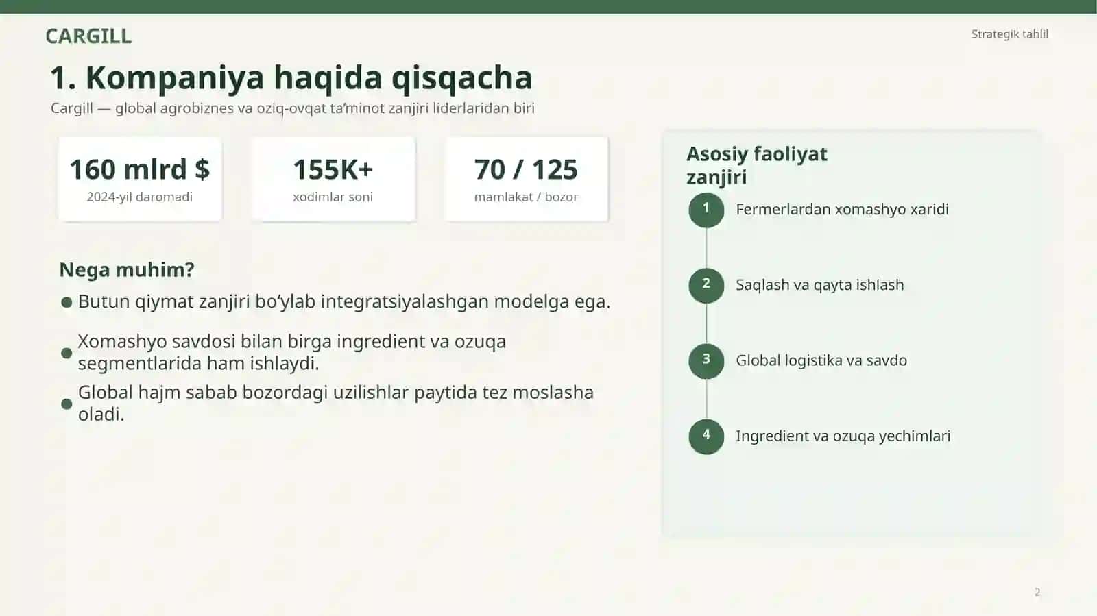 cargill kompaniyasi pest, raqobatchilar, ichki muhit va swot tahlil, strategik takliflar. 2
