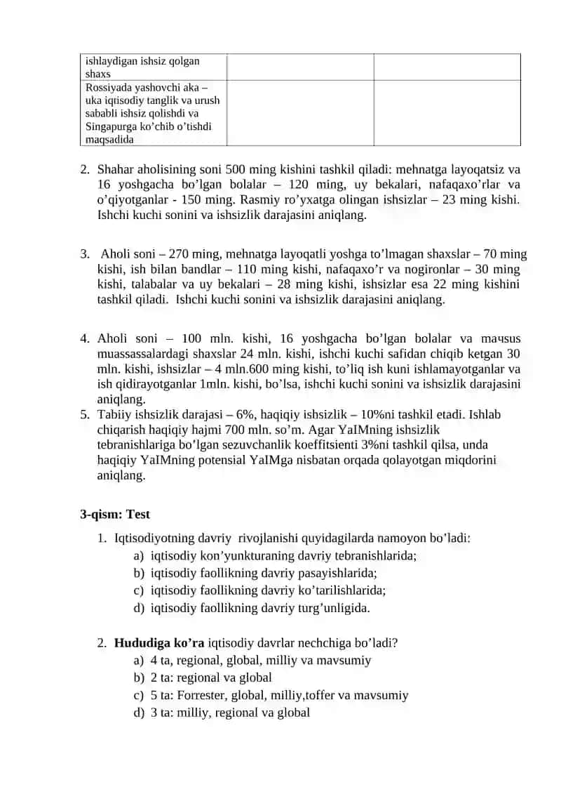 Seminar 3. Iqtisodiy davrlar va Ishsizlik 2