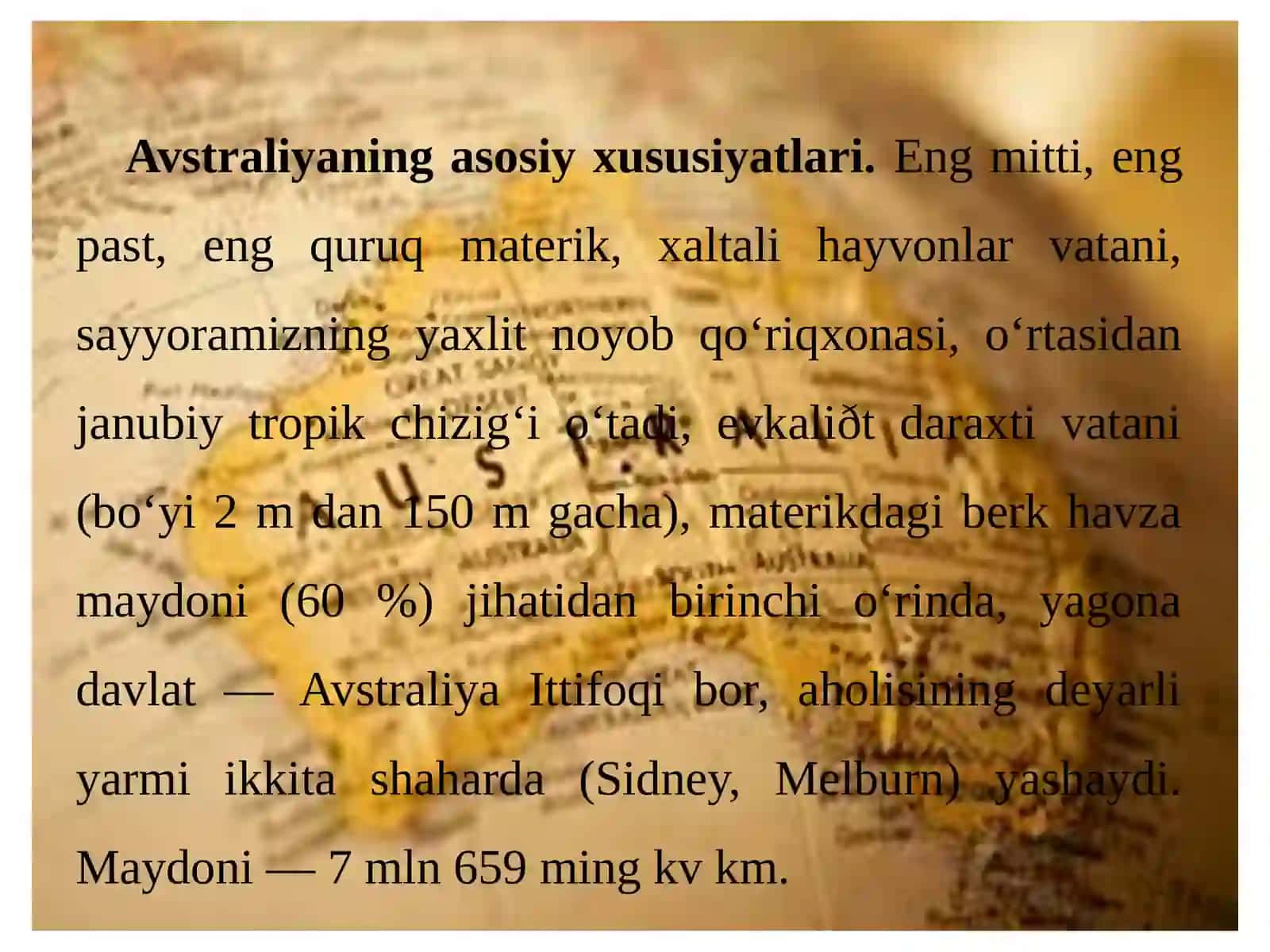 7-sinf Geografiya Avstraliyaning geografik o'rni, o'rganilishi, geologik tuzilishi, foydali qazilmalari va relyefi 2