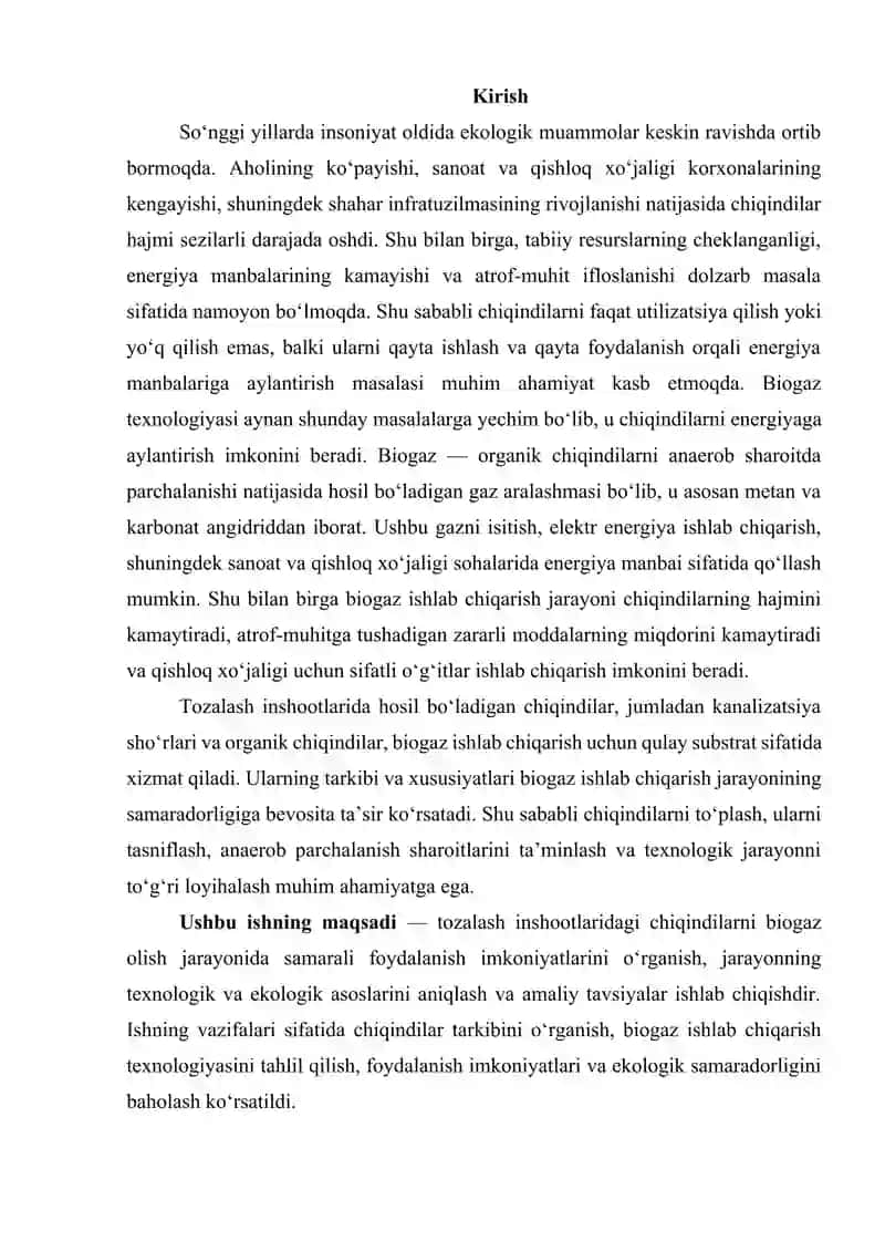 Tozalash inshootlari chiqindilarini biogaz olish uchun foydalanish 2