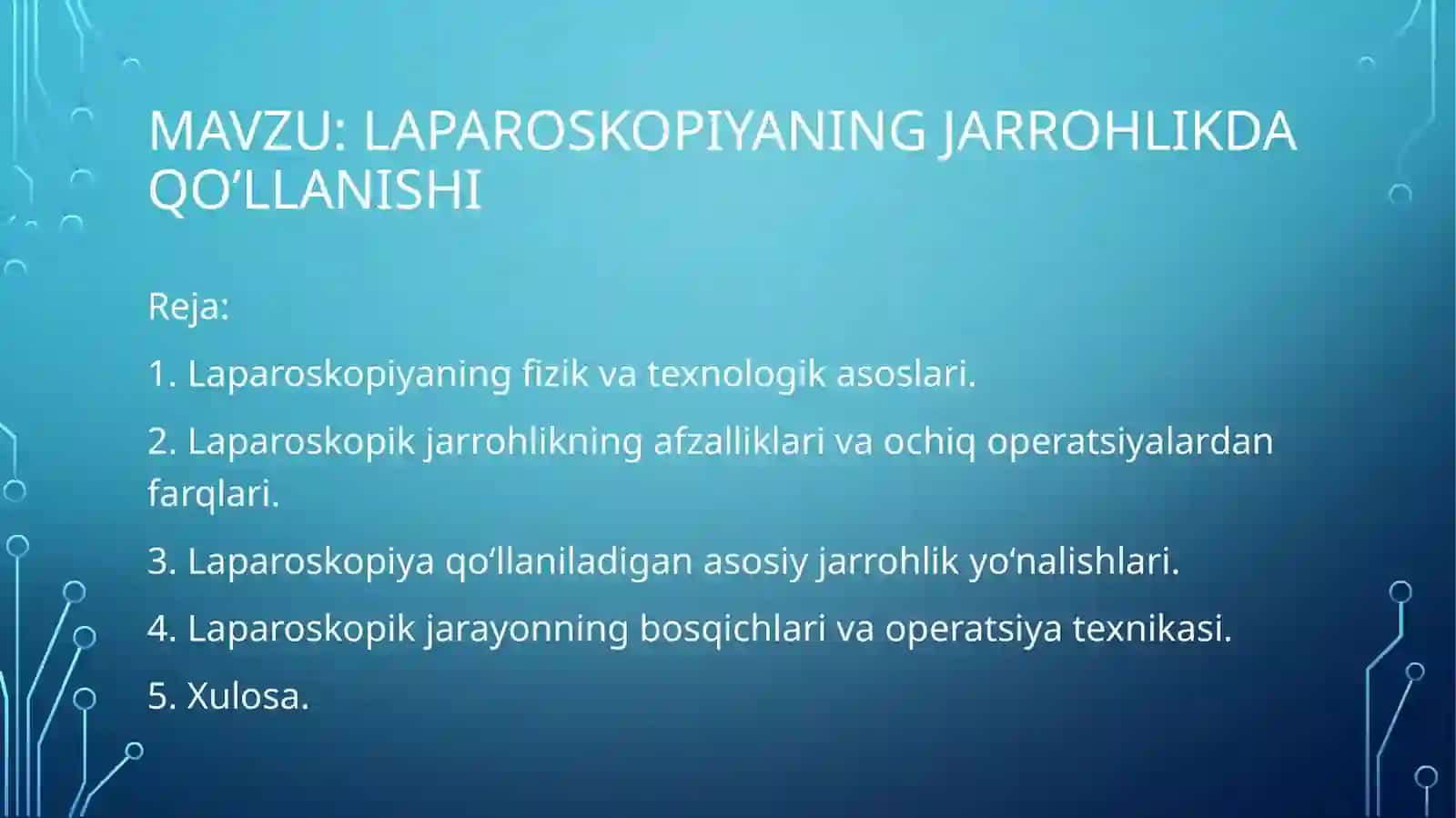 Biofizika - Laparoskopiyaning jarrohlikda qoʻllanilishi (11 slayd PPT)Fan: Biofizika
Mavzu: Laparosk 2