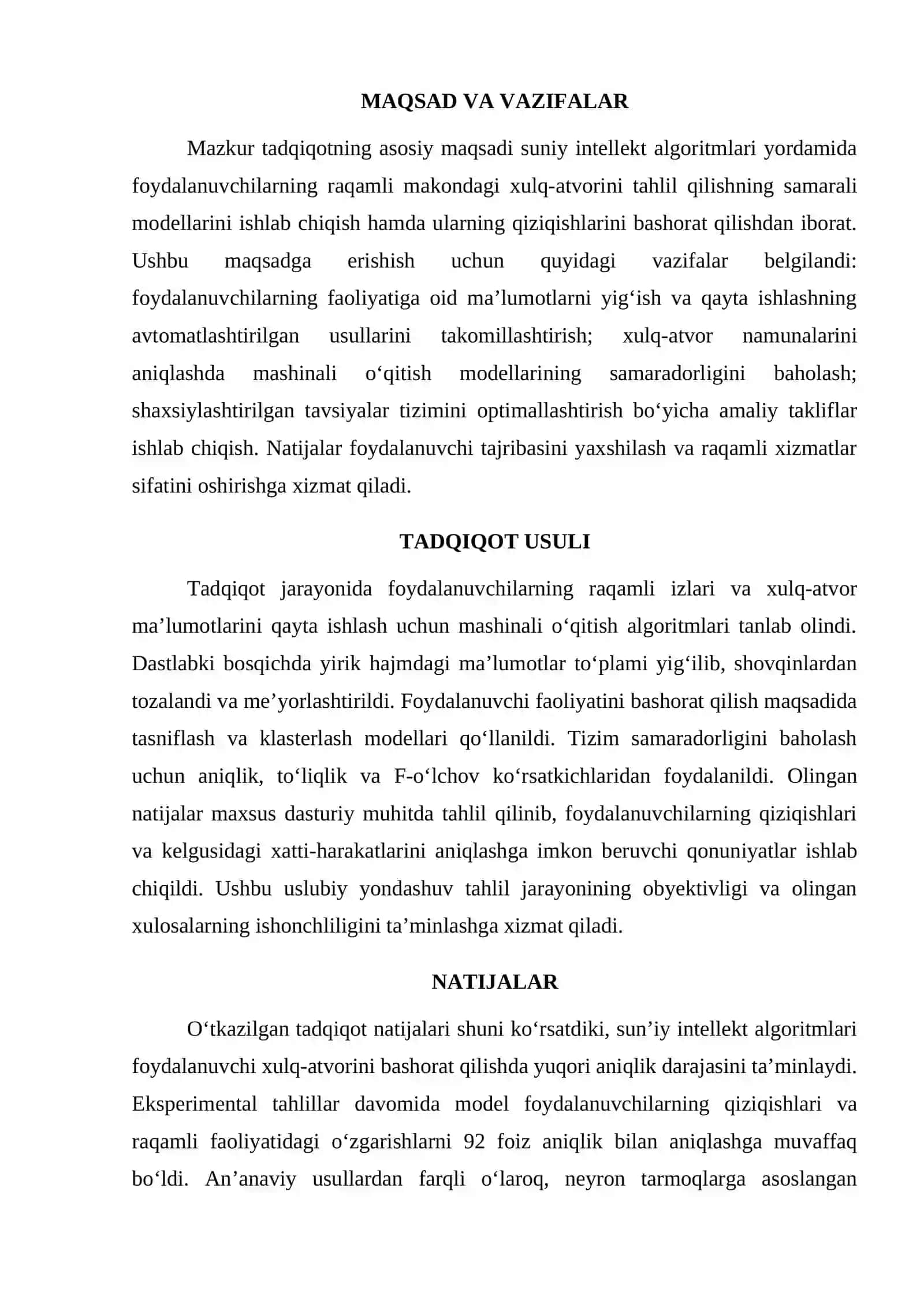 SUNIY INTELLEKT ASOSIDA FOYDALANUVCHI XULQINI TAHLIL QILISH 2