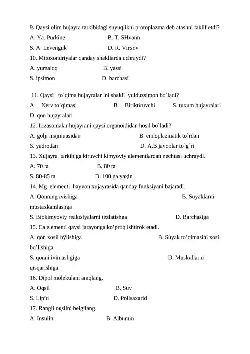 9-sinf Biologiya fanidan TEST SAVOLLARI 2