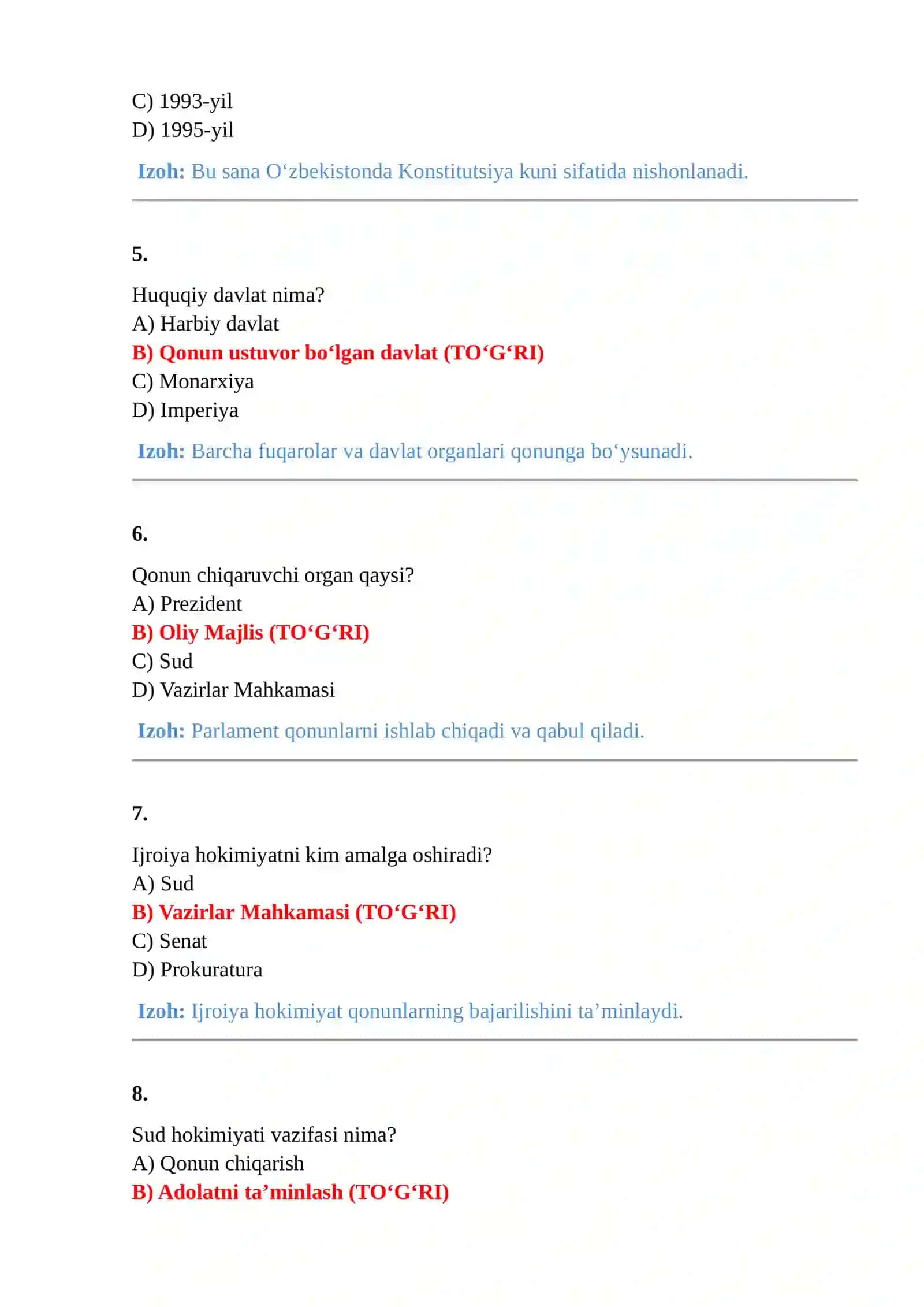 HUQUQSHUNOSLIK FANIDAN TEST SAVOLLARI VA JAVOBLARI 150 ta TEST 2