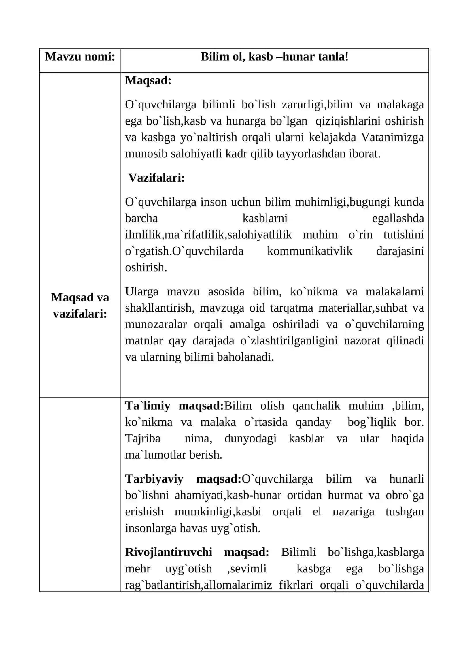 6-sinf Tarbiya fanidan Bilim ol, kasb hunar tanla dars ishlanma 2