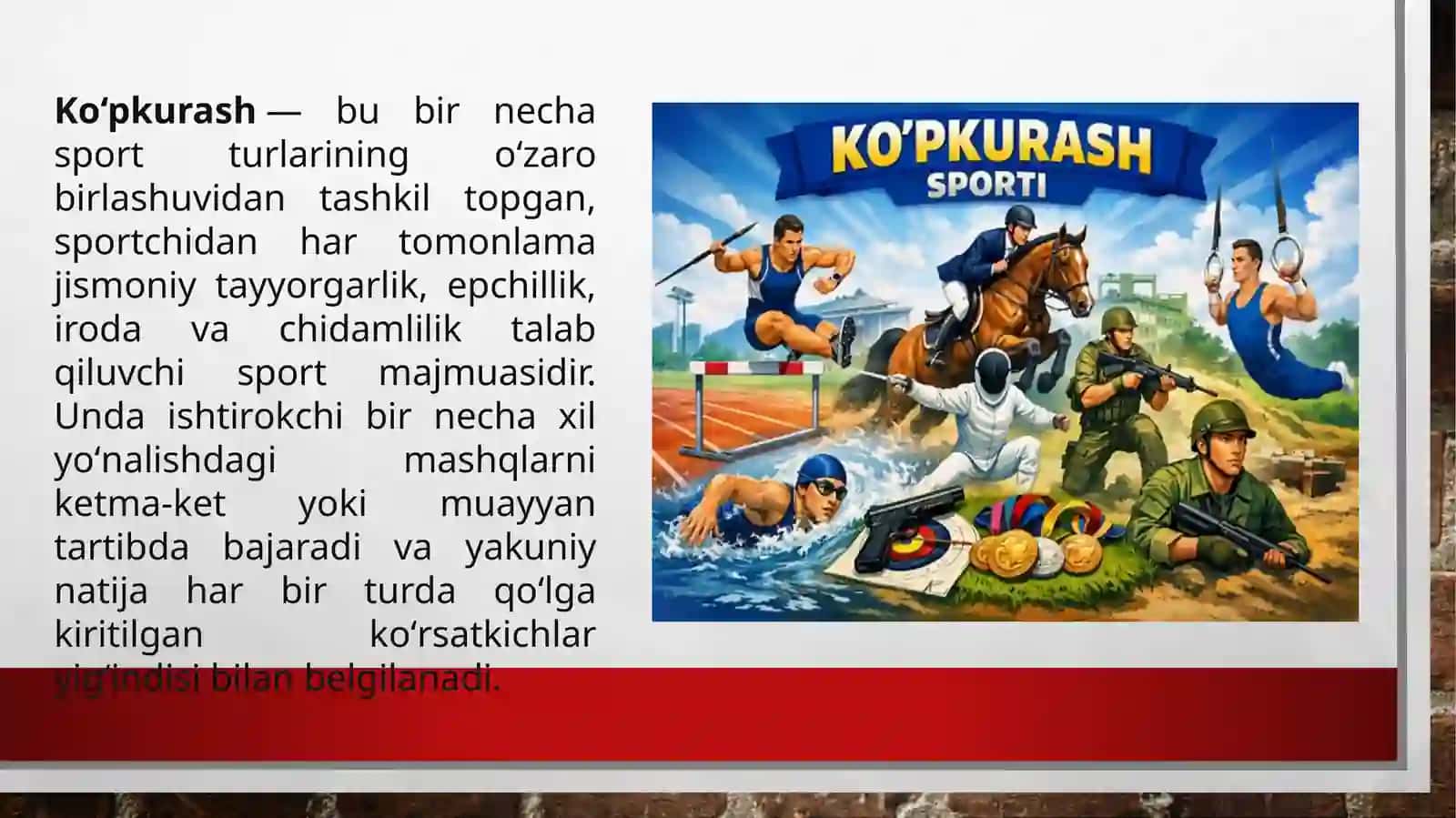 Ko'pkurash turlari texnikasi bilan tanishish 2