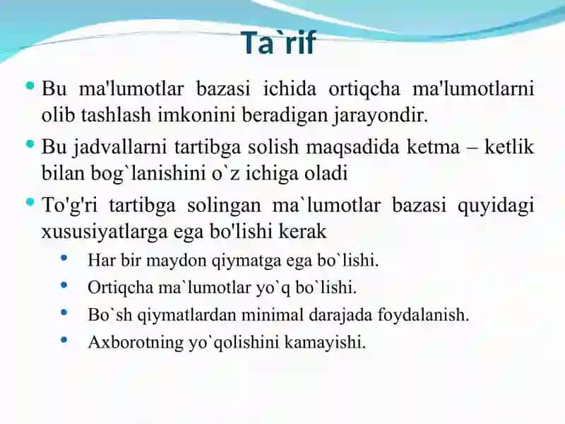 Ma’lumotlar bazasini normallashtirish. 1NF, 2NF, 3NF va Kod normal formalari 2