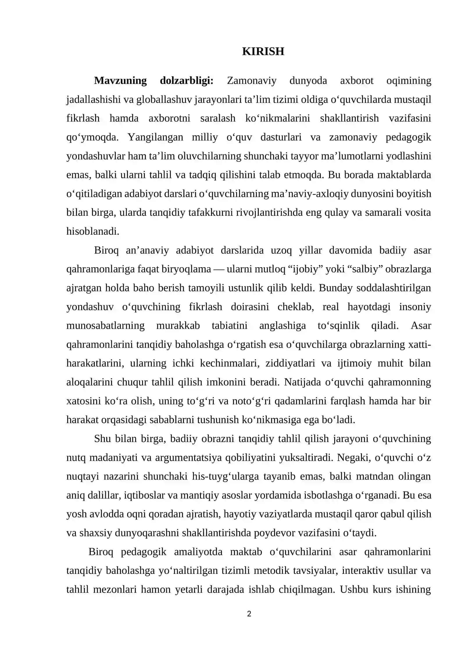 Adabiyot darslarida o‘quvchilarni asar qahramonlarini tanqidiy baholashga o‘rgatish 2