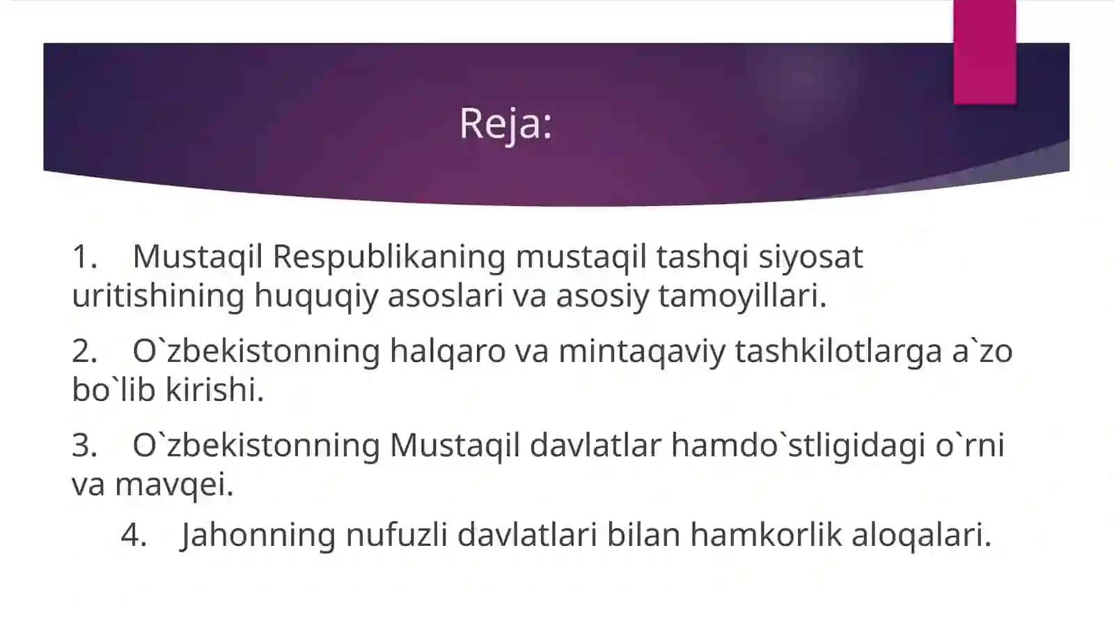 Oʻzbekiston Respublikasi tashqi siyosati va uning jahon hamjamiyati tomonidan tan olinishi 2