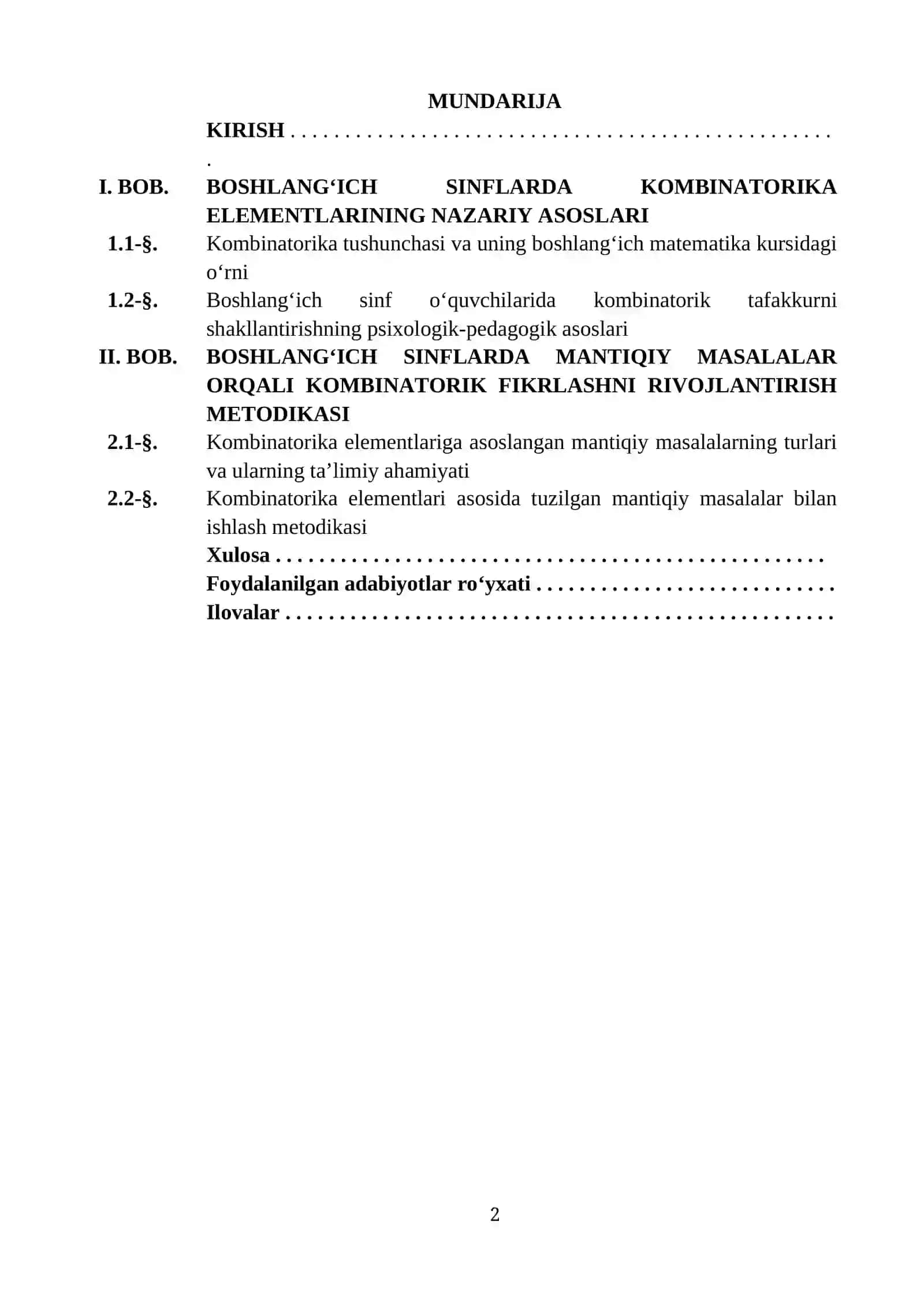 BOSHLANG‘ICH SINFLARDA KAMBINATORIKA ELEMENTLARI, MANTIQIY MASALALAR KURS ISHI 2