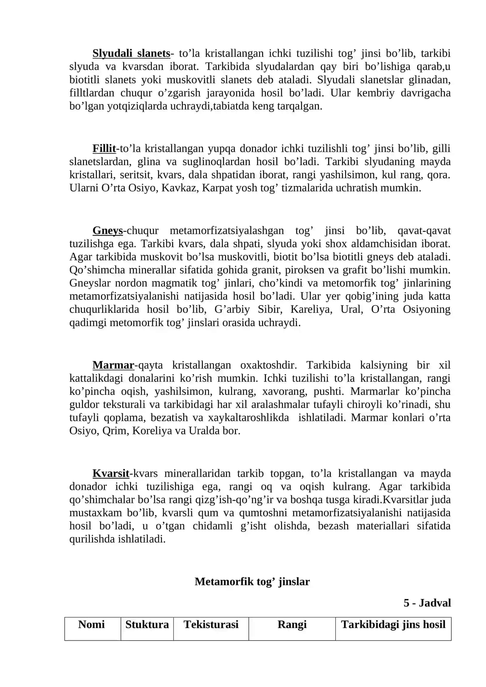 Metamorfik tog’ jinslari va ularni aniqlash 2