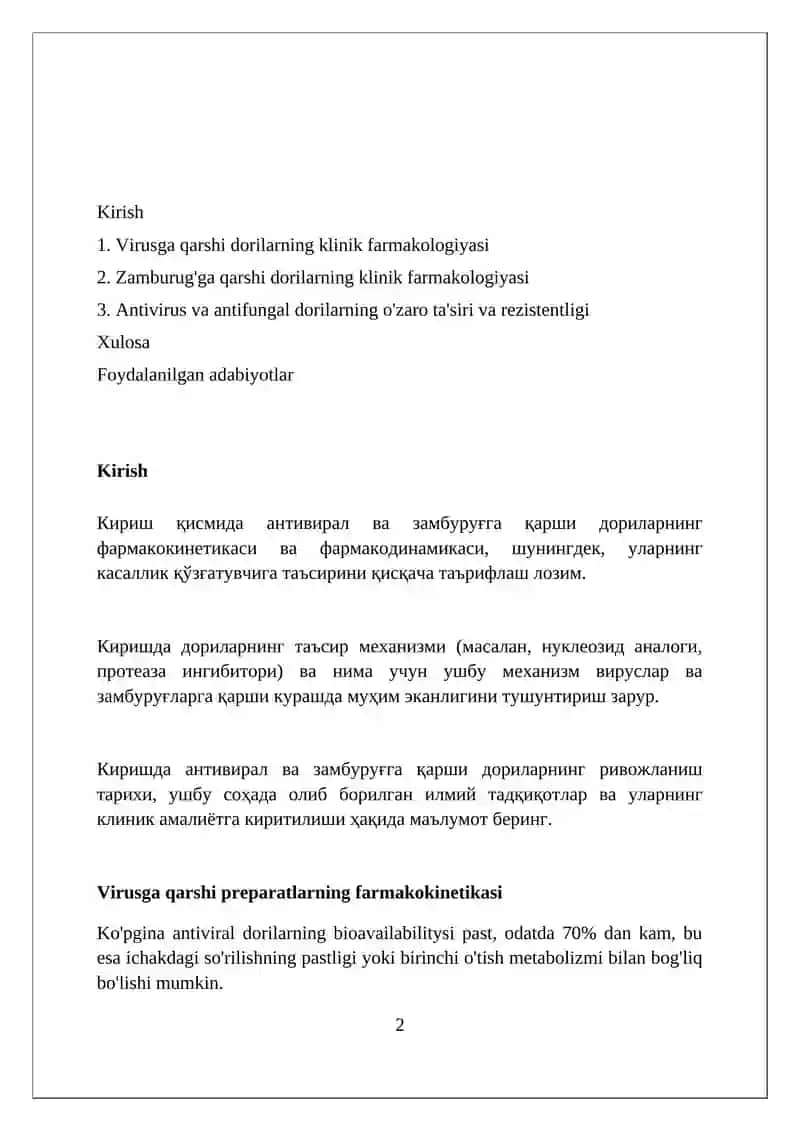 Virusga qarshi preparatlar va zamburug'ga qarshi preparatlar klinik farmakalogiyasi 2