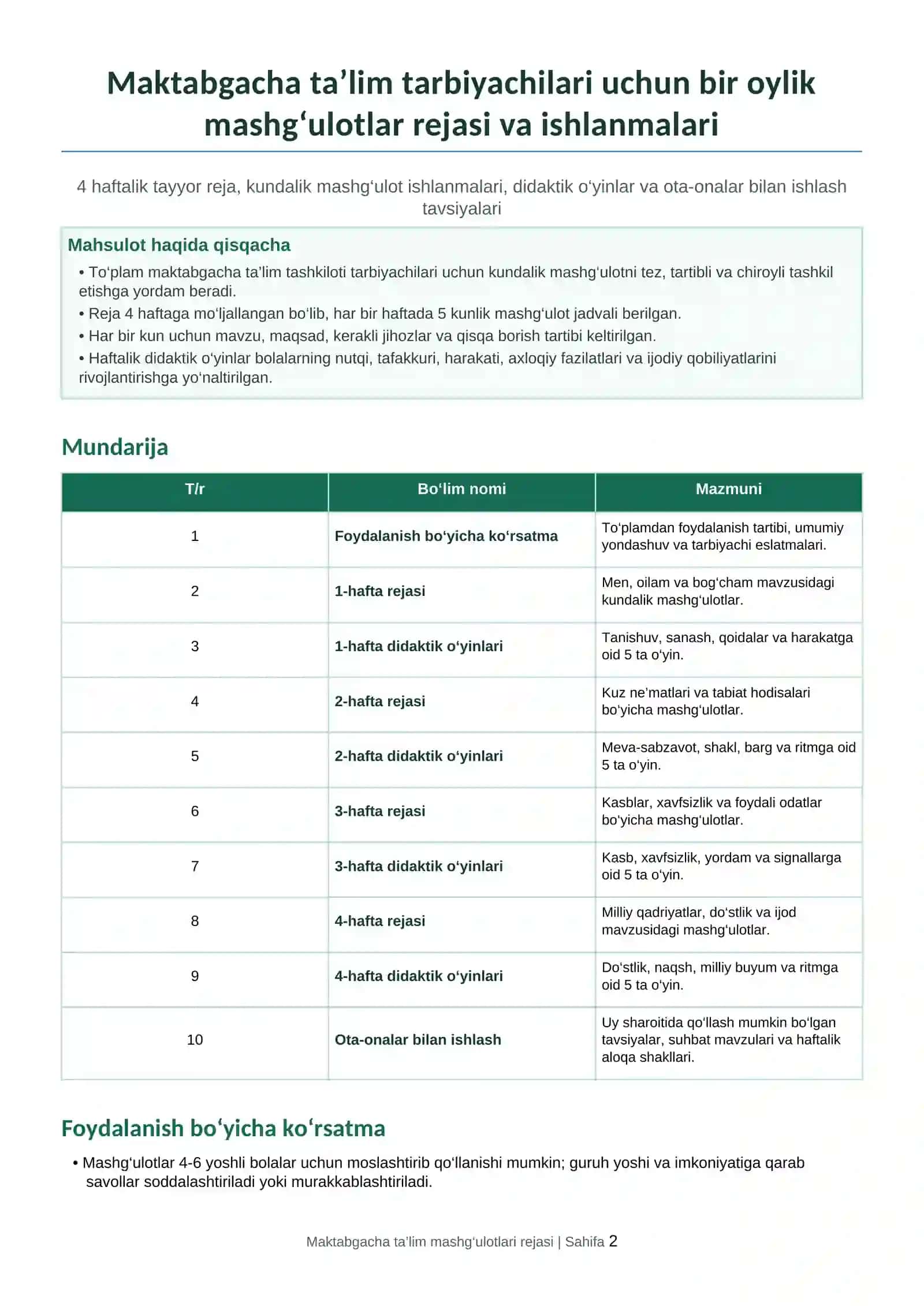 Maktabgacha ta’lim tarbiyachilari uchun bir oylik mashg‘ulotlar rejasi va ishlanmalari 2