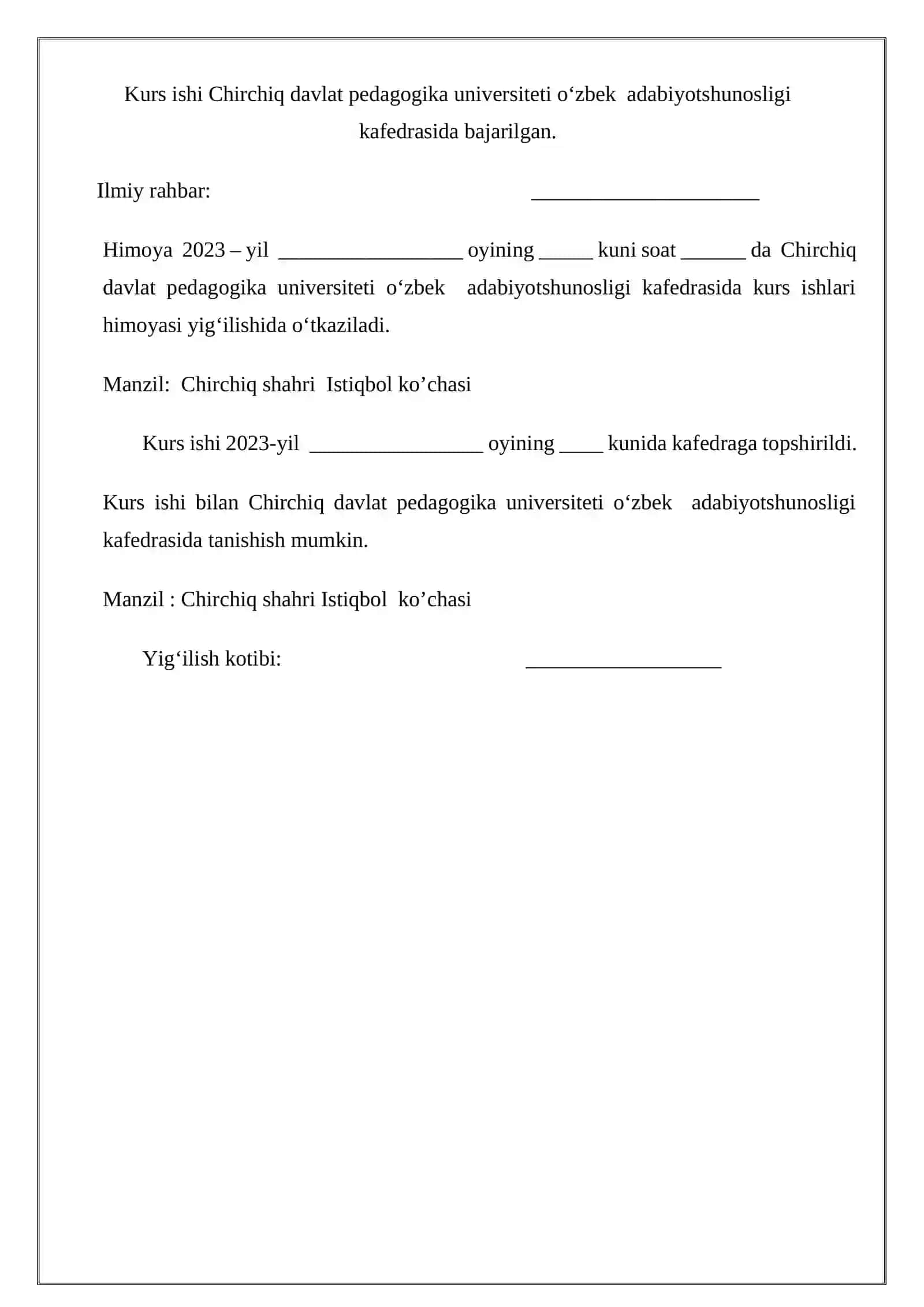 “Akademik litseylarda Navoiy gʻazallarini sharhlab oʻrganish” mavzusidagi KURS ISHI 2