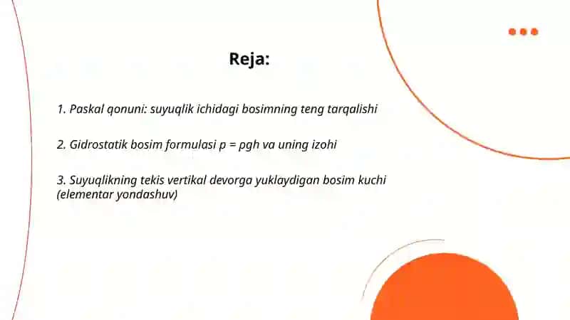 Paskal qonuni suyuqlikning tekis devorga bosim kuchi 2