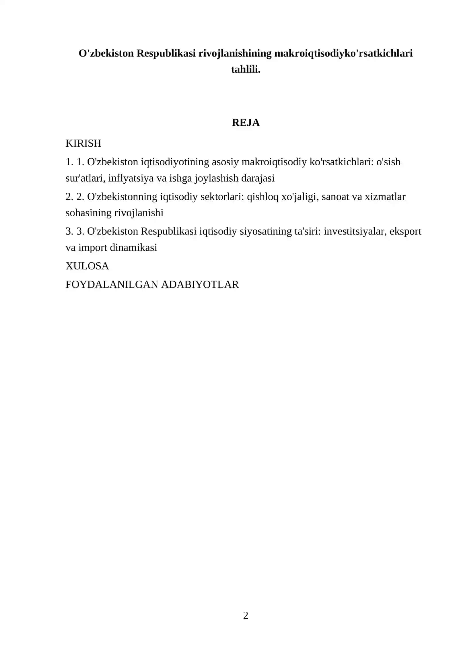 O'zbekiston Respublikasi rivojlanishining makroiqtisodiyko'rsatkichlari tahlili 2
