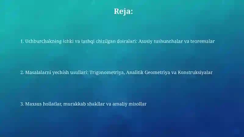 Uchburchakka ichki va tashqi chizilgan aylanalarga oid misollar yechish 2