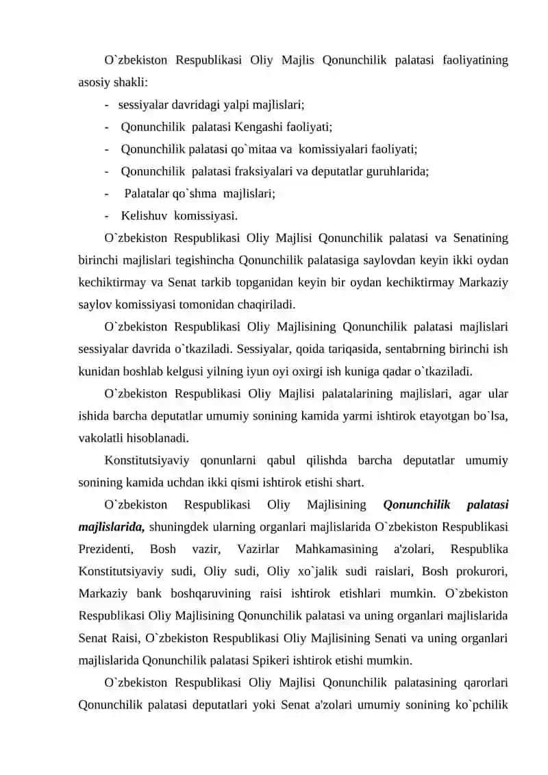 O`zbekiston Respublikasi Oliy Majlis Qonunchilik palatasi va Senati faoliyatining tashkiliy shakllari va Xalq deputatlari viloyat, tuman, shahar Kengashining sessiyalari va doimiy komissiyalari. 2