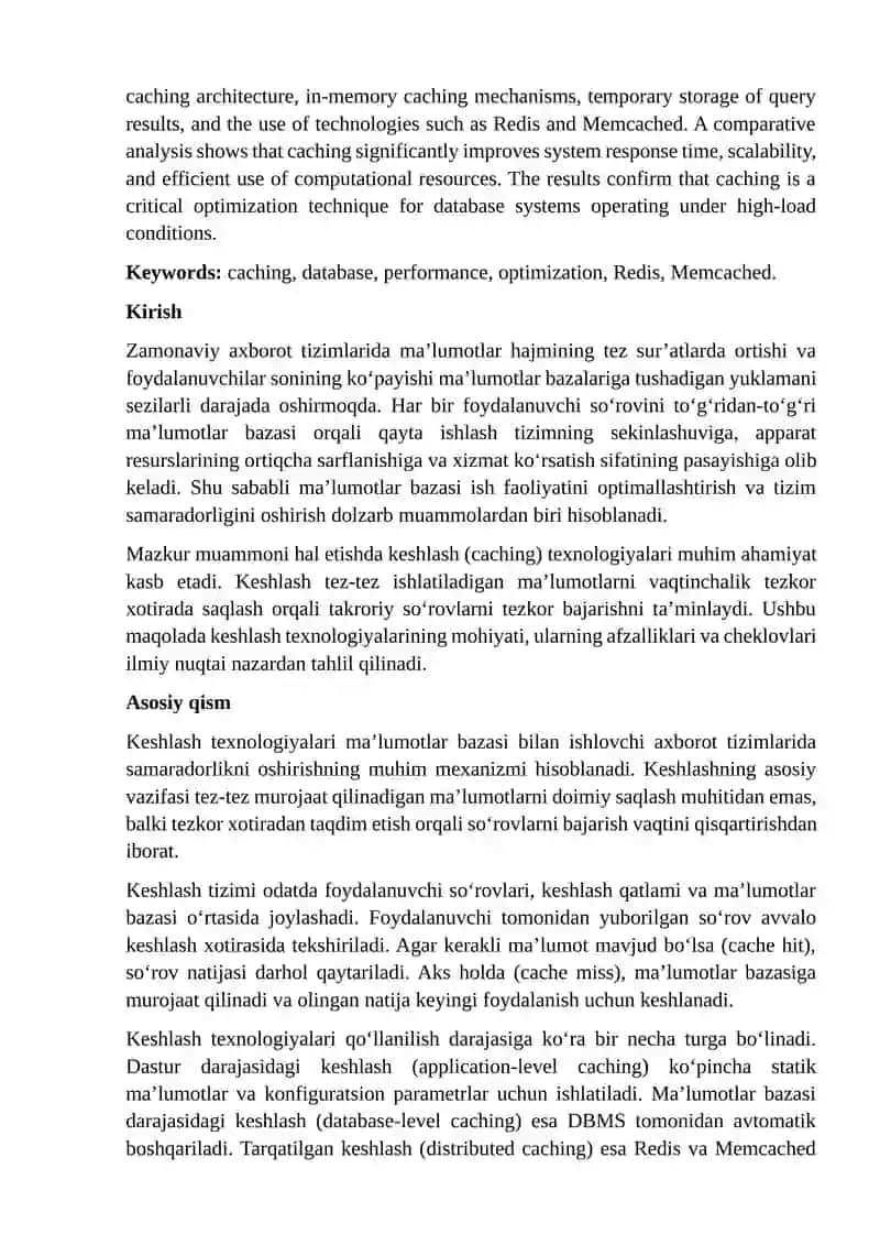 Keshlash (Caching) texnologiyalari va ma’lumotlar bazasi samaradorligini oshirishdagi roli 2